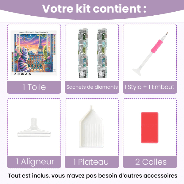 Broderie diamant – Chat rêveur devant la Tour Eiffel - Diamond Faction