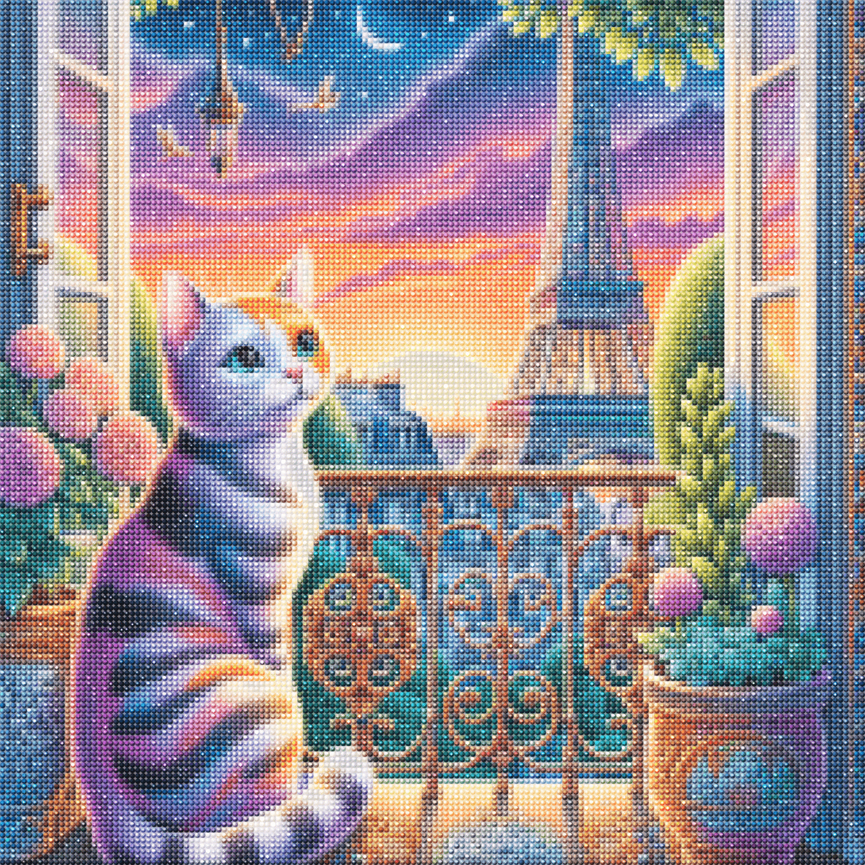 Broderie diamant – Chat rêveur devant la Tour Eiffel - Diamond Faction