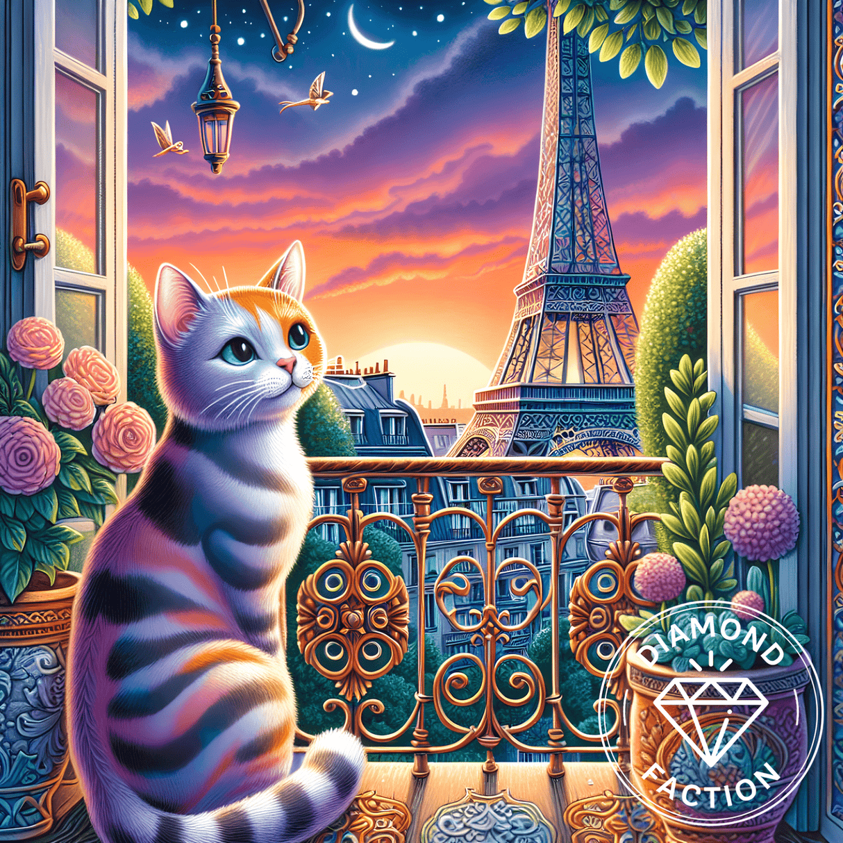 Broderie diamant – Chat rêveur devant la Tour Eiffel - Diamond Faction