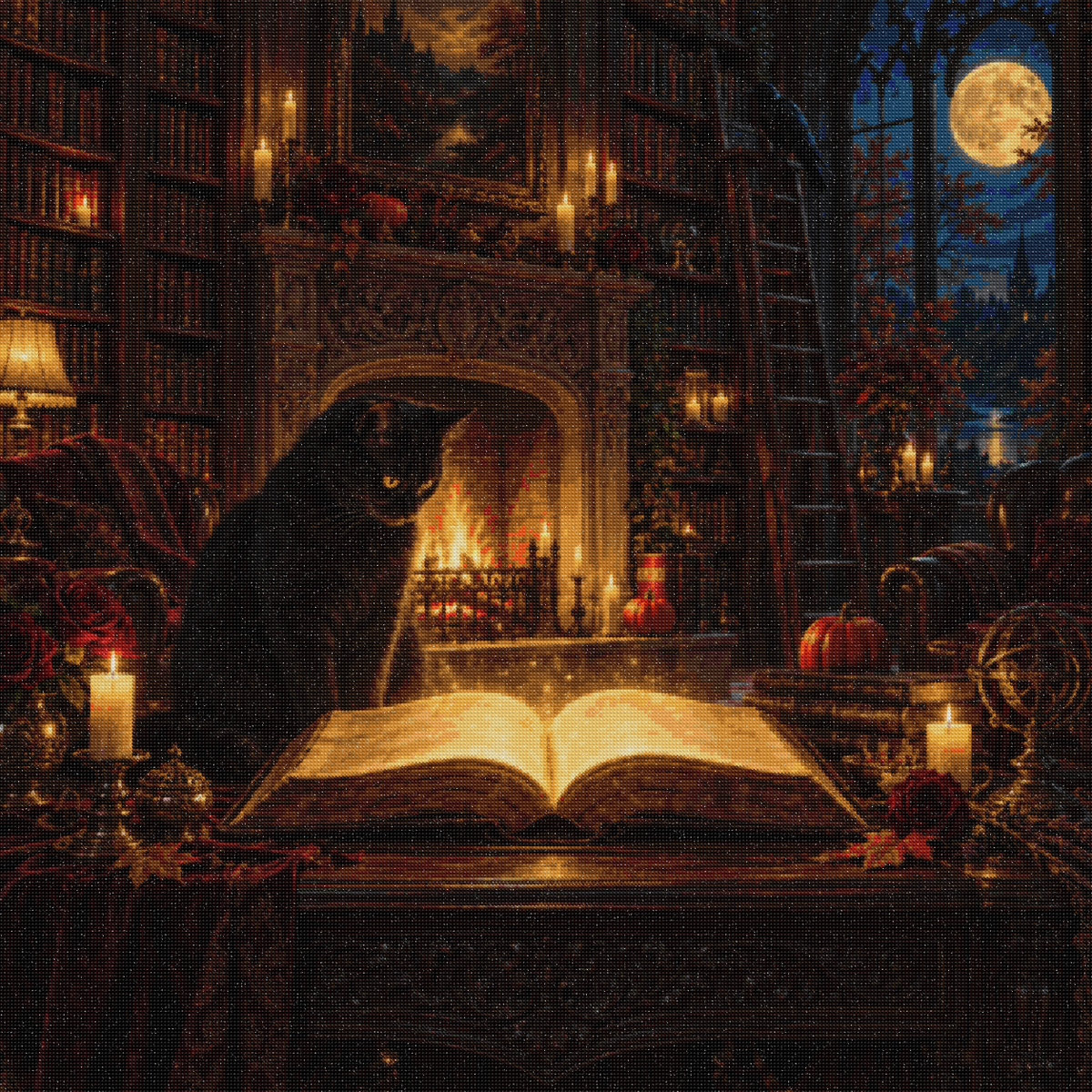 Aperçu du rendu en diamond painting du grimoire et du chat noir dans la bibliothèque