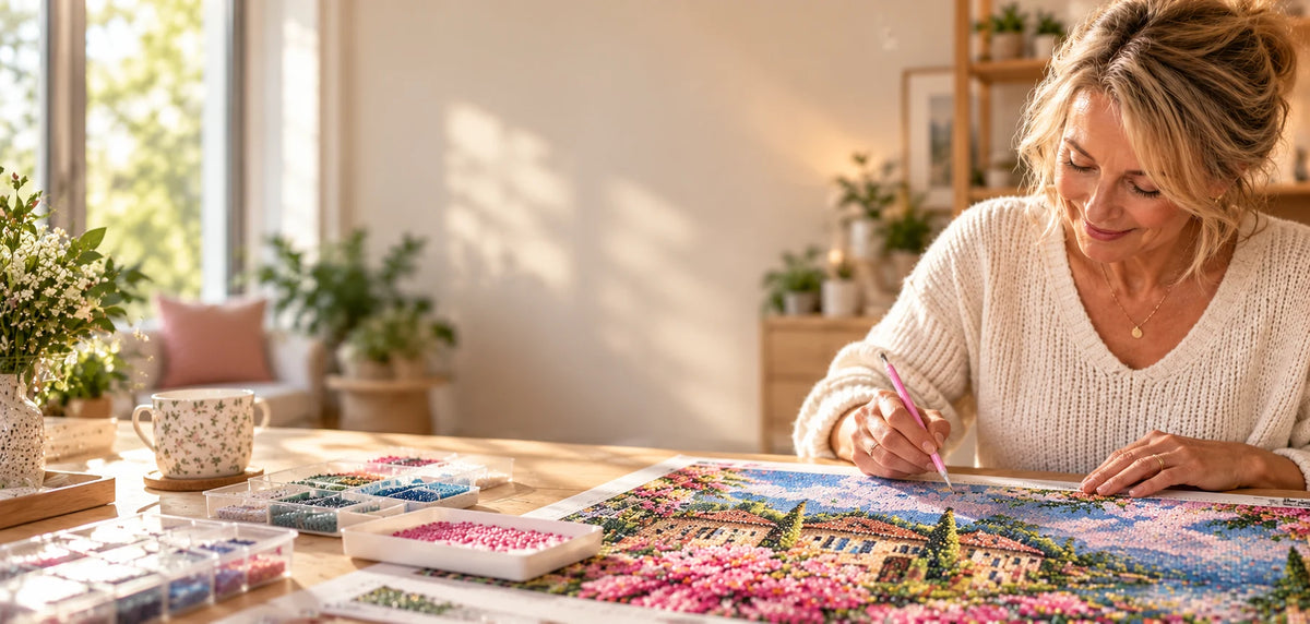 Femme réalisant un Diamond Painting floral dans un atelier lumineux, Diamond Faction