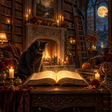 Grimoire lumineux et chat noir dans une bibliothèque victorienne, avec cheminée, bougies, corbeau et pleine lune.