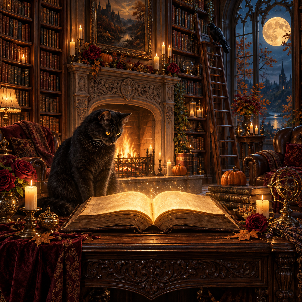 Grimoire lumineux et chat noir dans une bibliothèque victorienne, avec cheminée, bougies, corbeau et pleine lune.