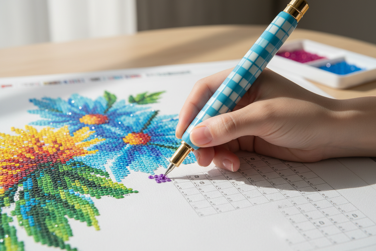 image claire avec une main qui tient un stylo de diamond painting sur une toile 