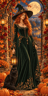 Sorcière rousse, chat noir sous la lune - Diamond Faction