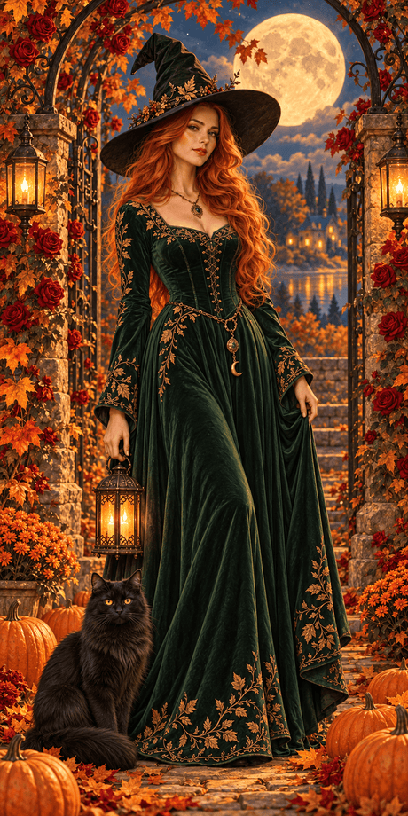 Sorcière rousse, chat noir sous la lune - Diamond Faction