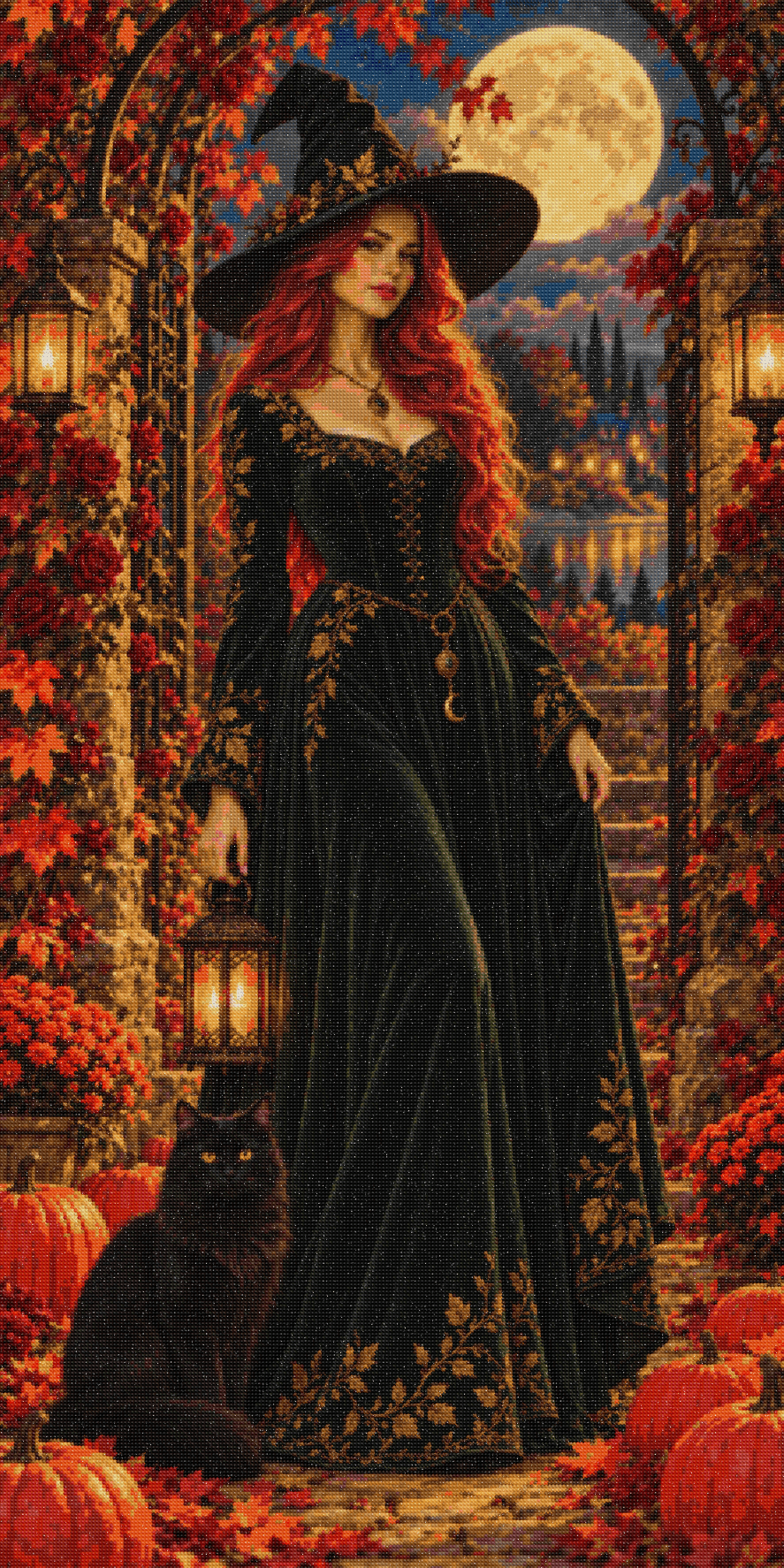Sorcière rousse, chat noir sous la lune - Diamond Faction