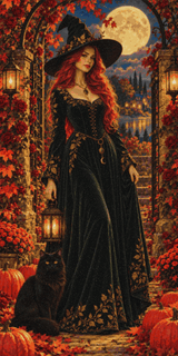 Sorcière rousse, chat noir sous la lune - Diamond Faction