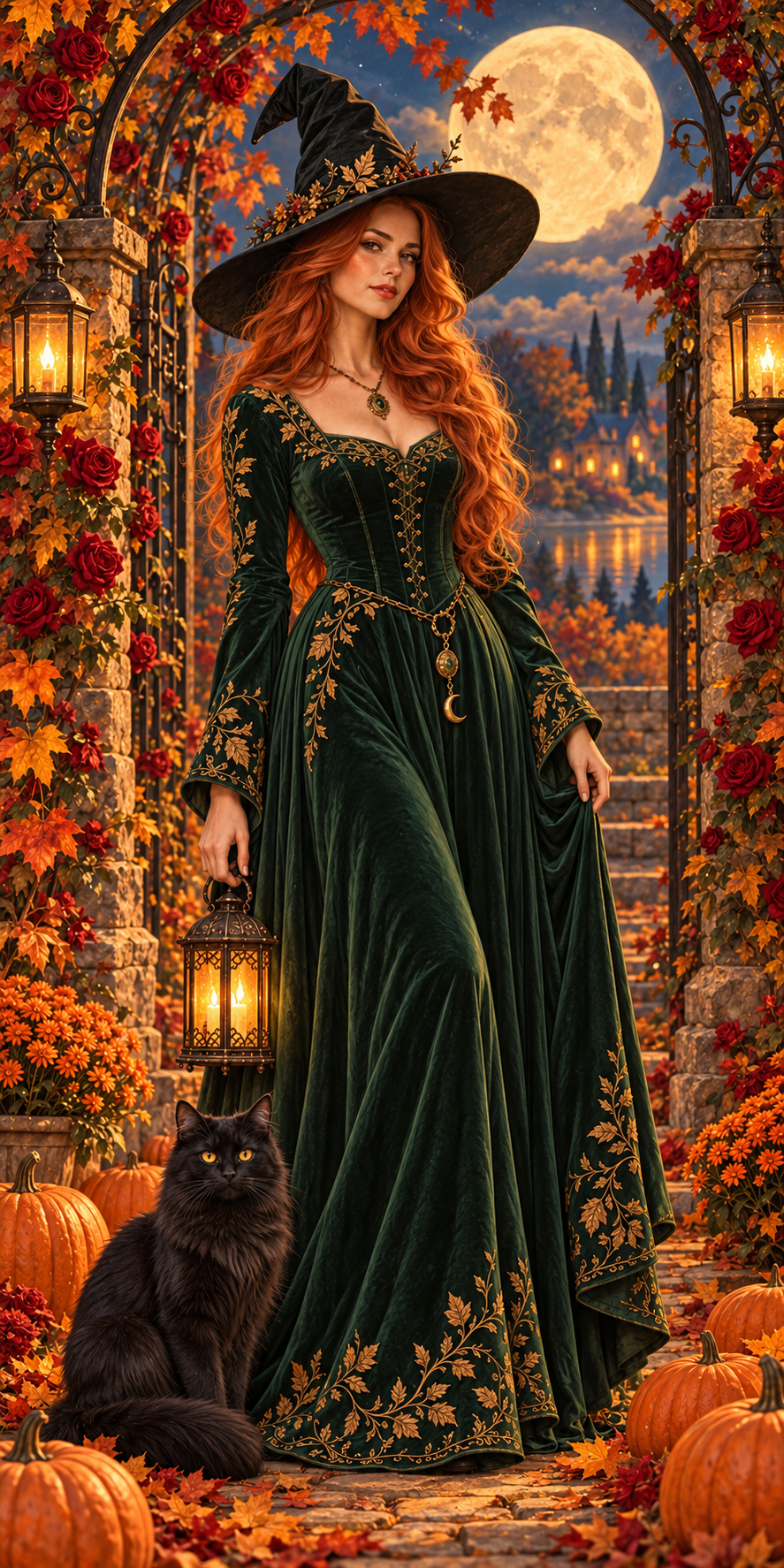 Sorcière rousse en robe verte avec un chat noir sous la pleine lune, entourée de roses, de lanternes et de citrouilles.