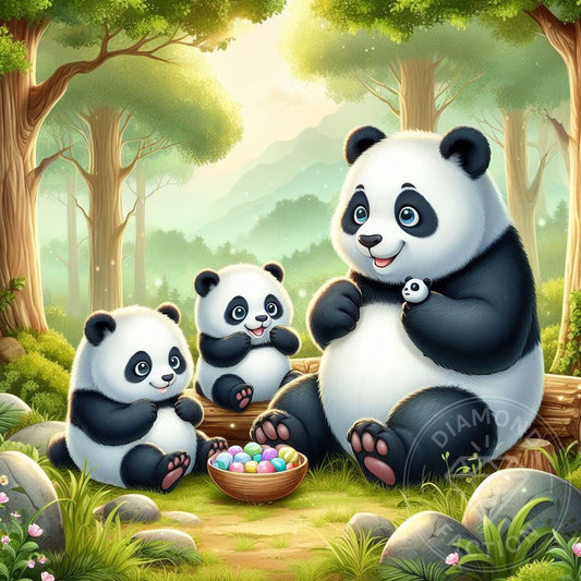 Broderie Diamant - Famille Panda en train de manger - Diamond Faction