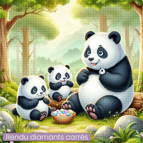 Broderie Diamant - Famille Panda en train de manger - Diamond Faction